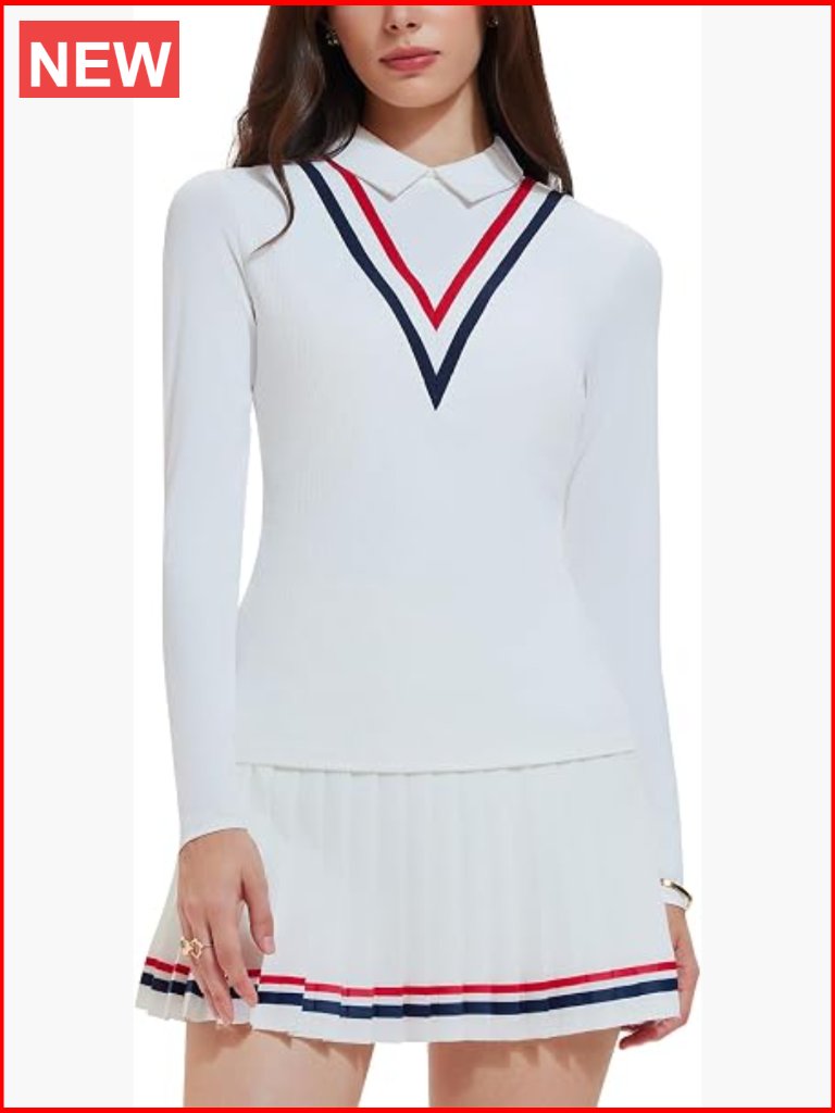 2 Piece Tennis Skirt Set Long Sleeve Polo Top & Pleated Skort Athletic Outfit